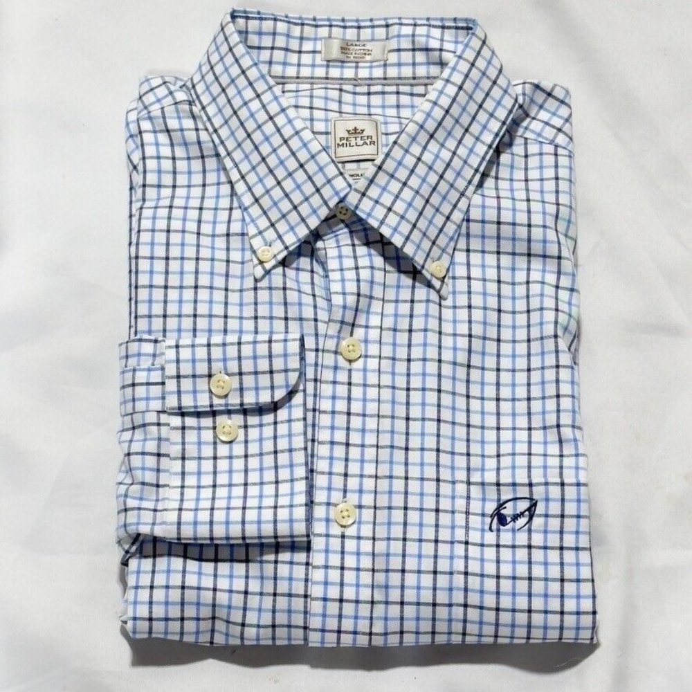 Peter Millar Mens Button Down Shirt Blue Windowpane Long Sleeve Size L